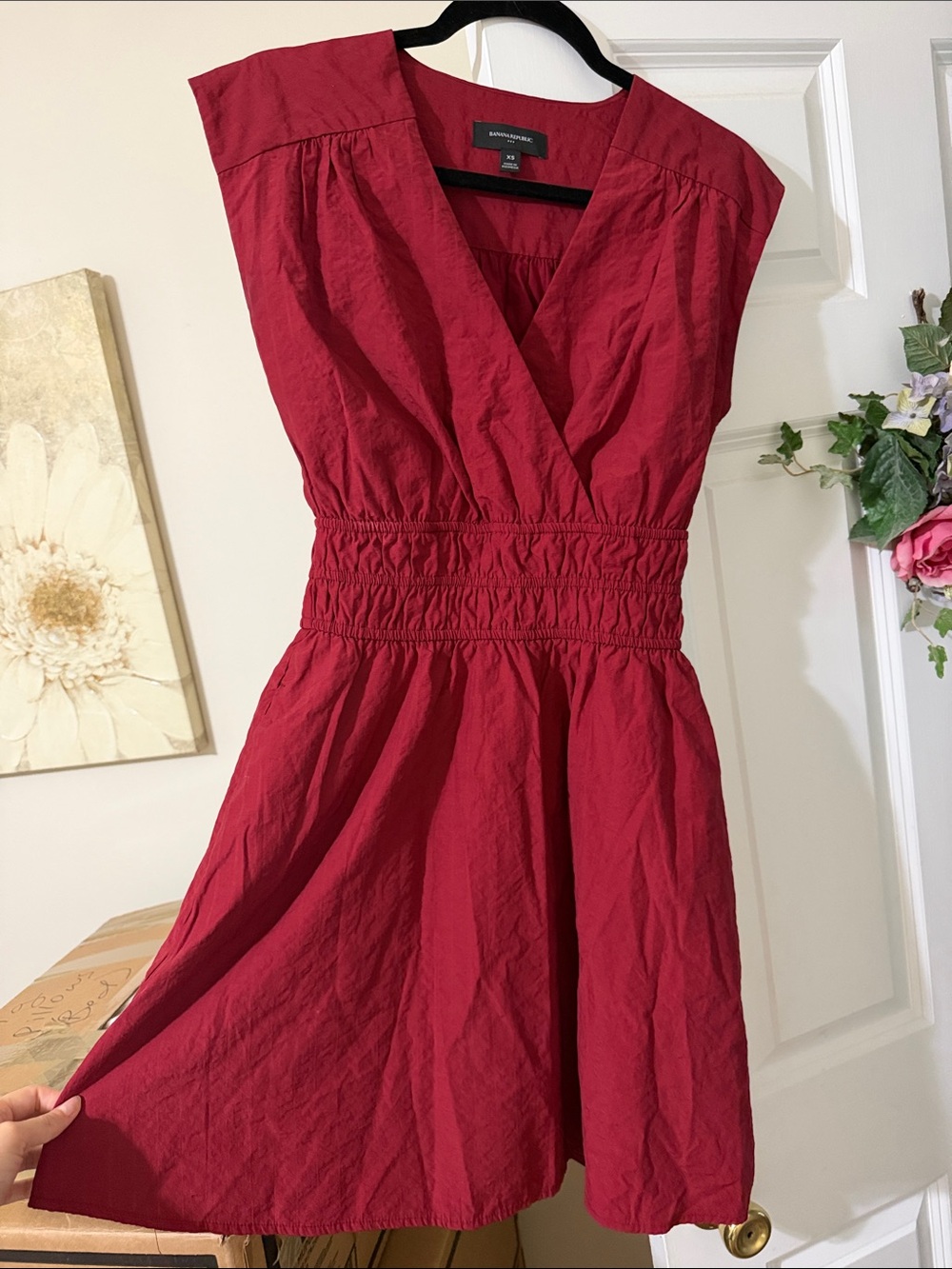 Red V-Neck Shirred-Waist Mini Dress